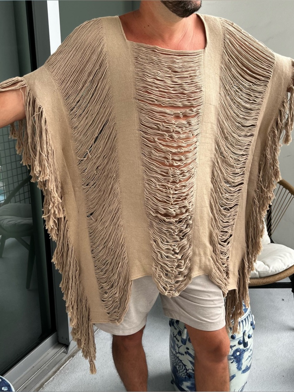 Handmade frayed knit poncho cover-up shirt dress raw cotton O/S vacation rave